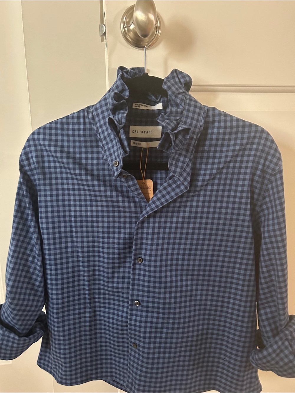 Blue Gingham Ruffled Collar Shirt recreated for a woman. One of a kind.